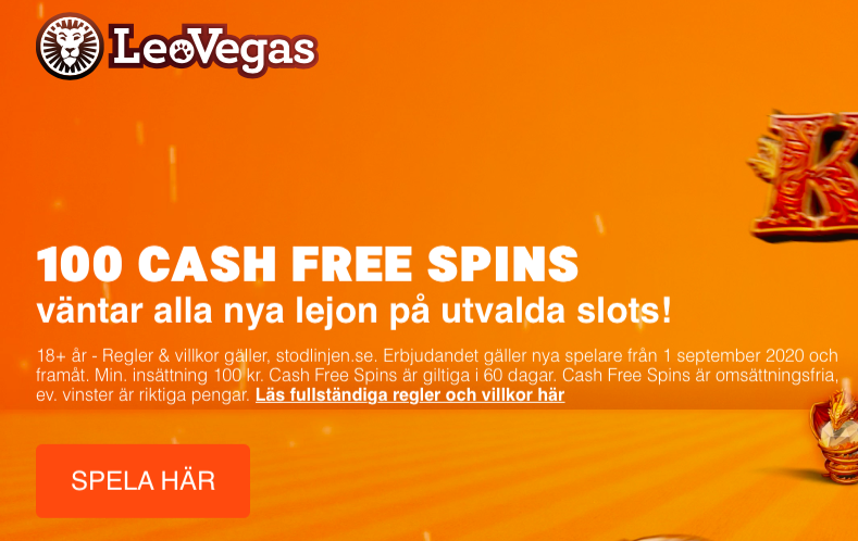 Exempel LeoVegas med 100 free spins utan omsättningskrav