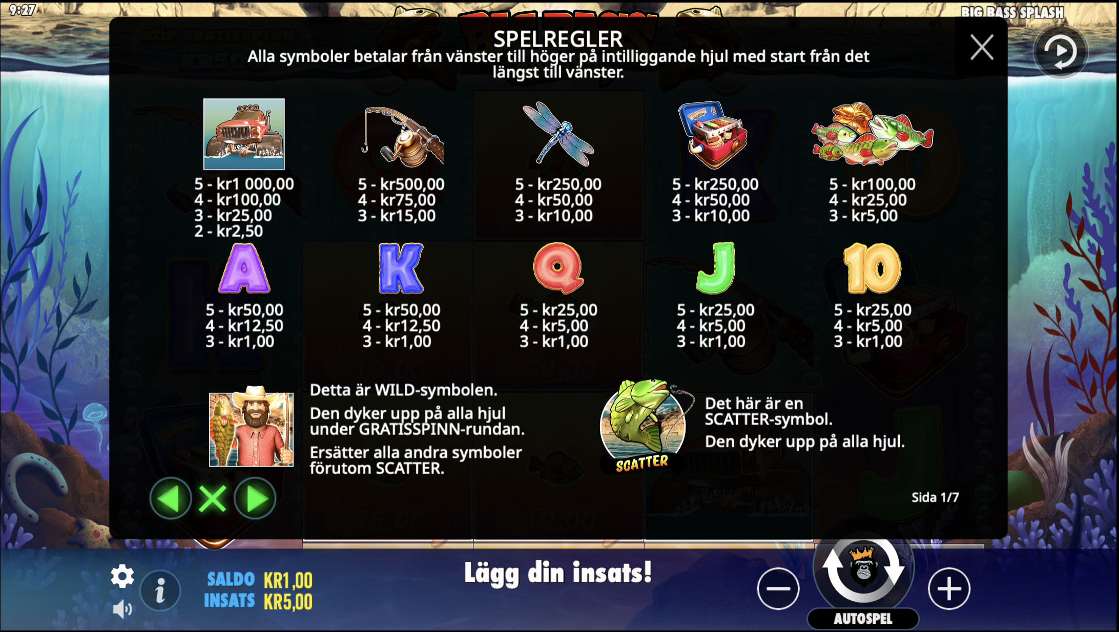 Vinsttabell for Big Bass Splash