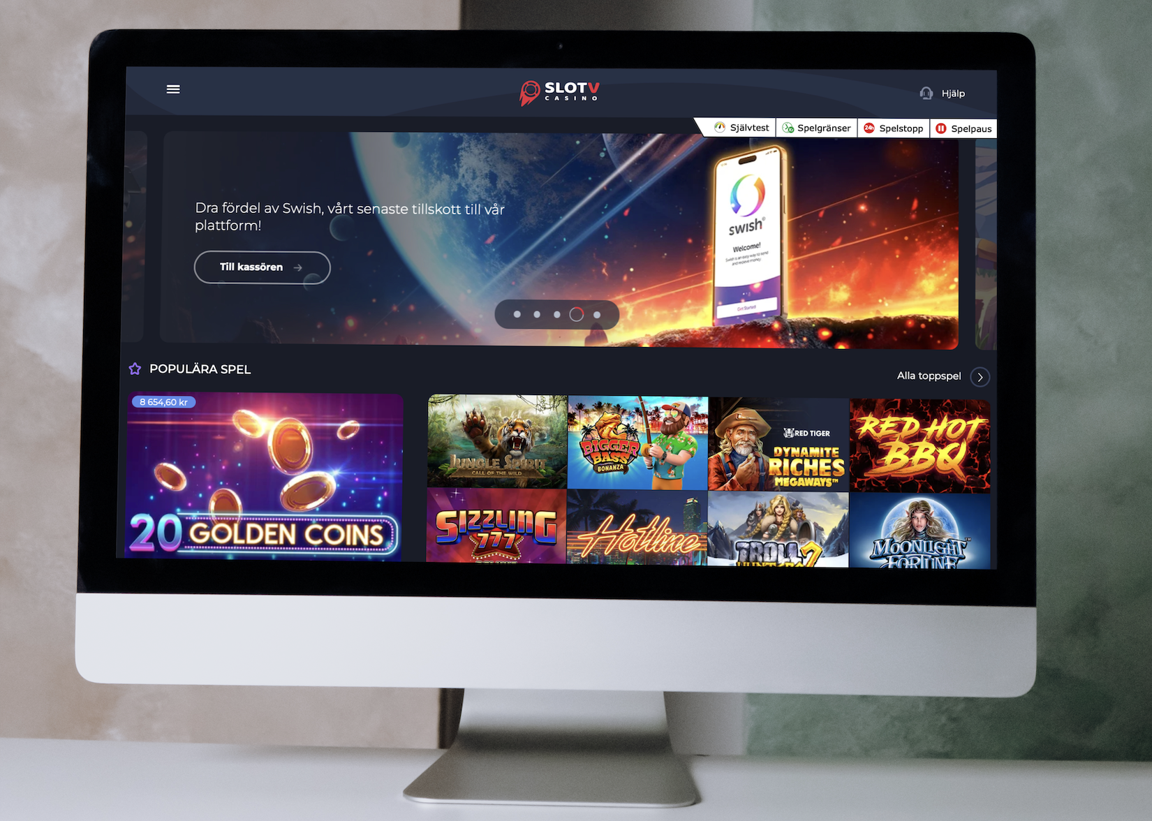 En dator som visar strartsidan av slotv casino